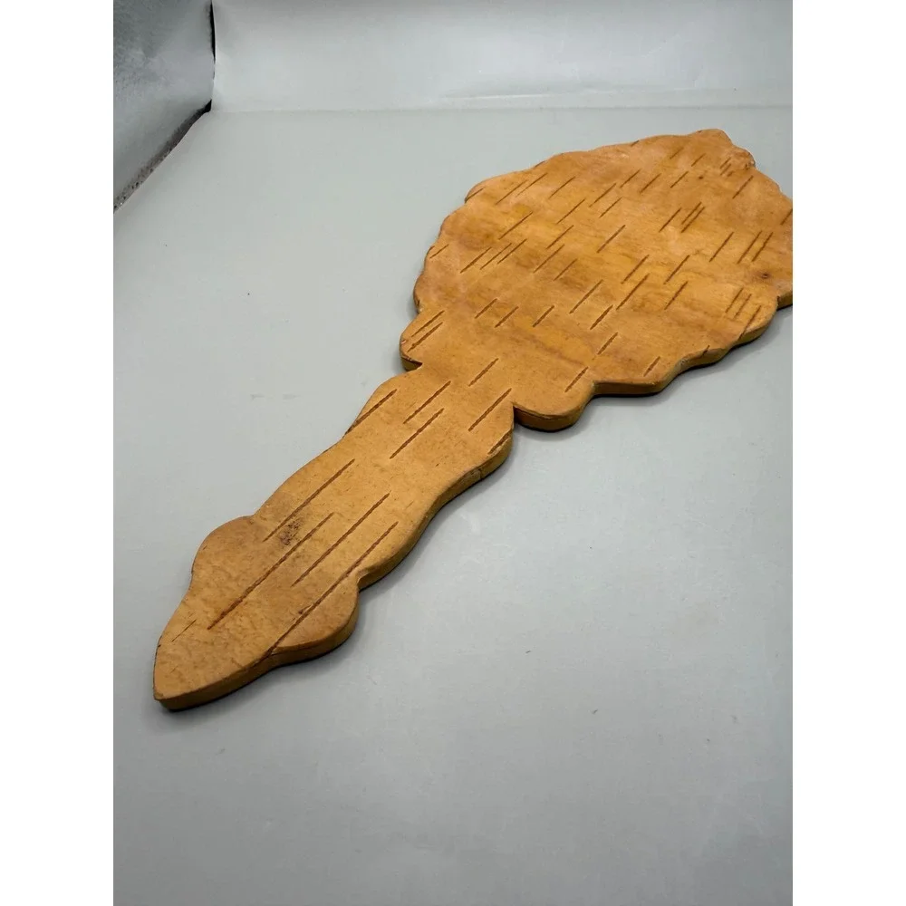 Vintage MCM Eastern European Hand Carved Birch Wood Hand Mirror 11.75